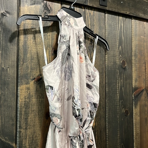 Sheike Halter Dress 8 Grey Silver Floral Satin Maxi Midi Boho Open Back Tie - Picture 2 of 11